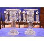 A STUNNING PAIR OF 19TH CENTURY IRISH CUT GLASS GIRANDOLE CANDLESTICKS, each with hanging cut