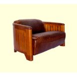 A TOP QUALITY LEATHER & CHERRY WOOD ART DECO STYLE 2 SEATER CLUB ARMCHAIR, in the ‘Aviator’ style,