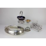 An Elkington & Co silver plated six-division toast rack, an oval basket with blue glass liner, a