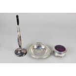 A modern silver miniature armada dish with central embossed rose, 12cm, a silver specimen vase on