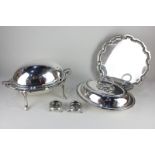 A silver plated oval revolving breakfast tureen, a Walker & Hall oval entree dish, an Arthur Price