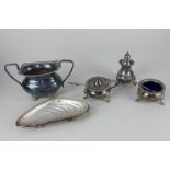 A silver plated three-piece cruet set, circular salt, mustard pot together with blue glass liners