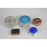 A Victorian silver and enamel dressing table pot, with circular blue enamel lid, on four hoof