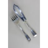 A pair of Victorian silver fish servers, fork and knife with pierced scroll blade, maker Chawner &