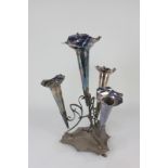 A silver plated epergne, with four trumpet shaped detachable vases, (a/f). 38cm high