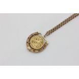 A 1902 sovereign, in a 9ct gold horseshoe mount on a belcher link chain, with ring clasp, 24g gross