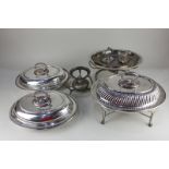 A Mappin & Webb silver plated oval entree dish with warming stand, a pair of silver plated oval