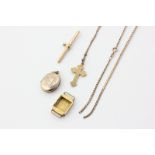 An 18ct gold watch case; a 15ct gold 'T' bar; a gilt oval locket; a gold cross on gilt metal chain