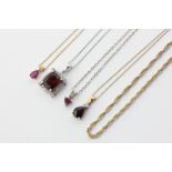 Two ruby pendants, and two garnet pendants on light gauge chains and a gold bracelet
