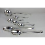 A set of George VI silver Old English pattern serving spoons, to include a pair of basting spoons, a