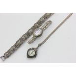 A marcasite pendant watch, a silver Rene Mackintosh bracelet watch, a marcasite bracelet