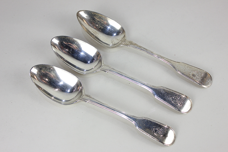 A pair of William IV silver tablespoons, London 1831, and an Irish George IV tablespoon, Dublin