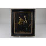 A 19th century style picture on tin depicting a maid collecting water and an amorous gentleman, 24cm