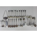 A collection of Victorian and later silver cruet spoons, a set of six Norwegian silver coffee