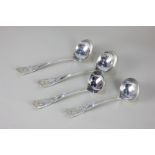 Two pairs of modern silver sauce ladles with shell and thread patterned handles, engraved armorials,