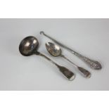 A George IV silver fiddle pattern ladle, with engraved armorial, London 1825, a William IV silver
