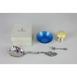 A Norwegian silver and blue guilloche enamel salt, maker David Andersen, boxed, a silver and
