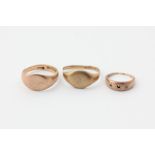 Two 9ct gold signet rings and a 9ct gold ring with missing stones, 13g