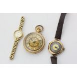 A lady's 18ct gold Swiss open face watch, a 9ct gold wrist watch, a rolled gold Rotary watch
