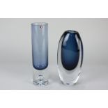 A Kosta Vicke Lindstrand blue glass vase, with etched mark and numerals to base, 17cm (a/f),