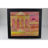 Patrick Howse, Middle Eastern landscape with buildings, 'Sunrise', mixed media on board, signed,