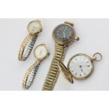 Three various gold watches and a gold plated pocket watch