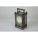 A French brass and cloisonné carriage clock, white enamel dial with Arabic numerals, face with