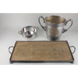 A silver plate mounted galleried hardwood rectangular tray on ball feet, together with a 19th