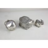 Three Asian silver plated trinket boxes modelled as an elephant, a turtle and an apple