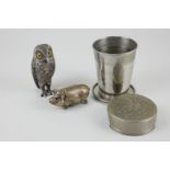 A novelty silver plated owl pepper pot, screw top head with orange glass eyes, a novelty pig vesta