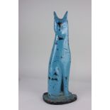 A cast iron and blue painted doorstop modelled as an elongated cat, seated, 46cm high (a/f)