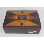 A 19th century marquetry inlaid box with brass heart-shaped plaque, presented, with red velvet