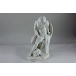 A Victorian Parian figure of Joan of Arc seated with head bowed, wearing armour, impressed name