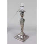 An Adam style silver plated column table lamp in the form of an urn, on tapered plinth and square