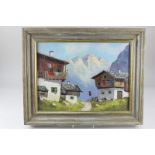 F Hacker (20th century), mountainous Austrian landscape view with traditional buildings in the