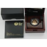 A 2014 proof sovereign in Royal Mint case of issue