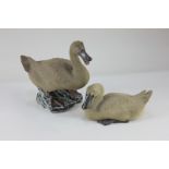 Two Chinese pottery models of ducks, with open beaks, one standing, the other with legs tucked