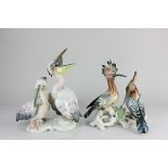 Two Karl Ens porcelain figures groups of pairs of birds, hoopoe birds and pelicans (a/f) tallest