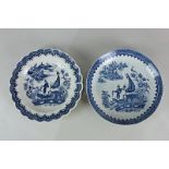 A late 18th century Worcester porcelain dish depicting a fisherman and a cormorant, together with