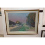 20th century British school, Impressionist style landscape with pink tinged sky, oil on canvas,