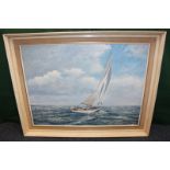 M. G. Friedrich, racing yachts off a coastline, oil on canvas, signed, 58cm by 78.5cm