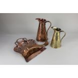 A Joseph Sankey & Co. Art Nouveau copper jug, 22cm, crumb tray and brush, and brass jug, all with