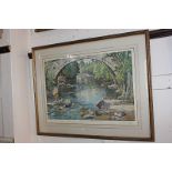 After Samuel John Lamorna Birch (1869-1955), river landscape with stone bridge, colour print,