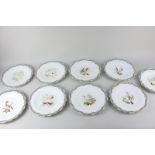 A set of nine 19th century porcelain dessert plates, decorated with birds and fruits inside a