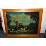 A framed colour transfer engraving on glass, after John Nost Sartorius, a hunt scene amongst