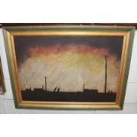 20th century school, industrial landscape scene with figures in silhouette, beneath a yellow and