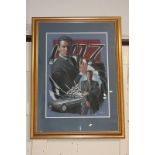 A framed portrait of actor Piers Brosnan as James Bond 007, pastel and ink, indistinctly signed