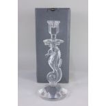 A Waterford crystal candlestick, the support modelled as a seahorse, with box, 29cm high
