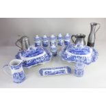 A collection of Spode porcelain blue and white tableware, comprising a pair of tureens and covers,