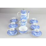 A Royal Worcester porcelain coffee set for six, in the blue and white Pagoda pattern, comprising